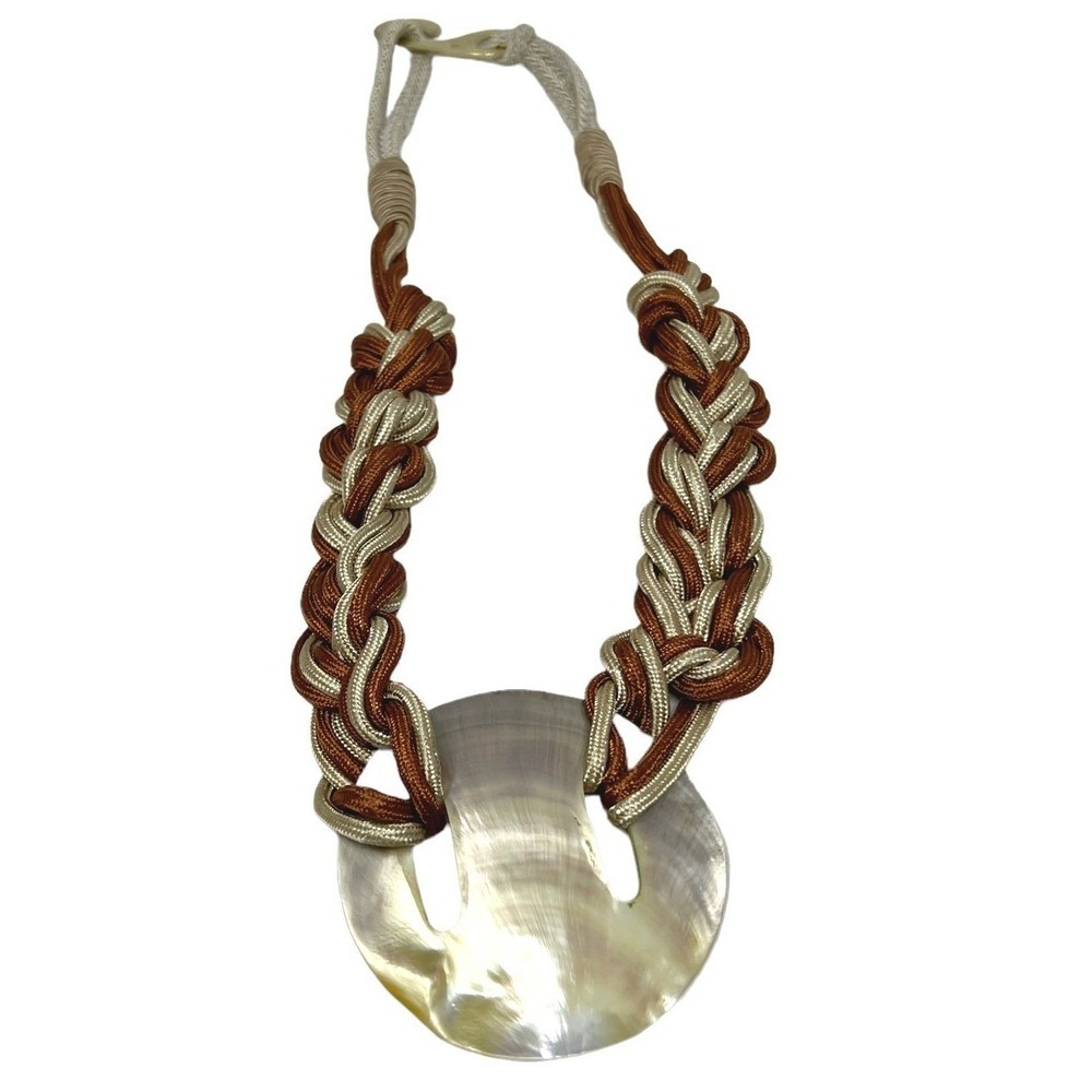 Gary Gail Boho Necklace Shell Braided Cord Vintage Brown Tan Large Statement